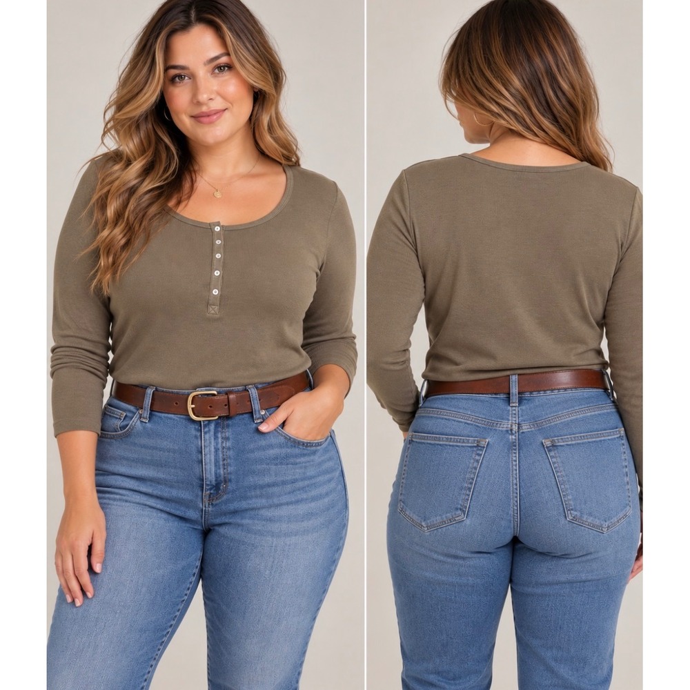 Time and Tru Womens XXXL 3XG Henley Top Long Sleeve Ribbed Olive Brown Earthy